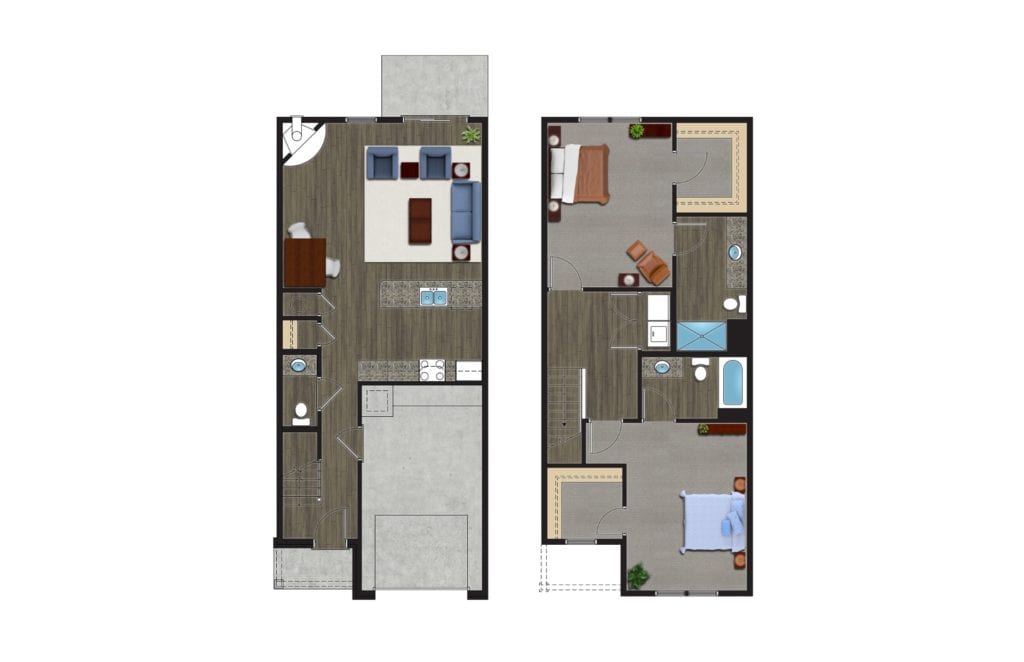 A Floor Plan of The Kodiak, Luxury Townhomes with Garages for rent. The 2 Story, 2 Bedroom Townhomes in Orchard Park NY are pet friendly townhomes.
