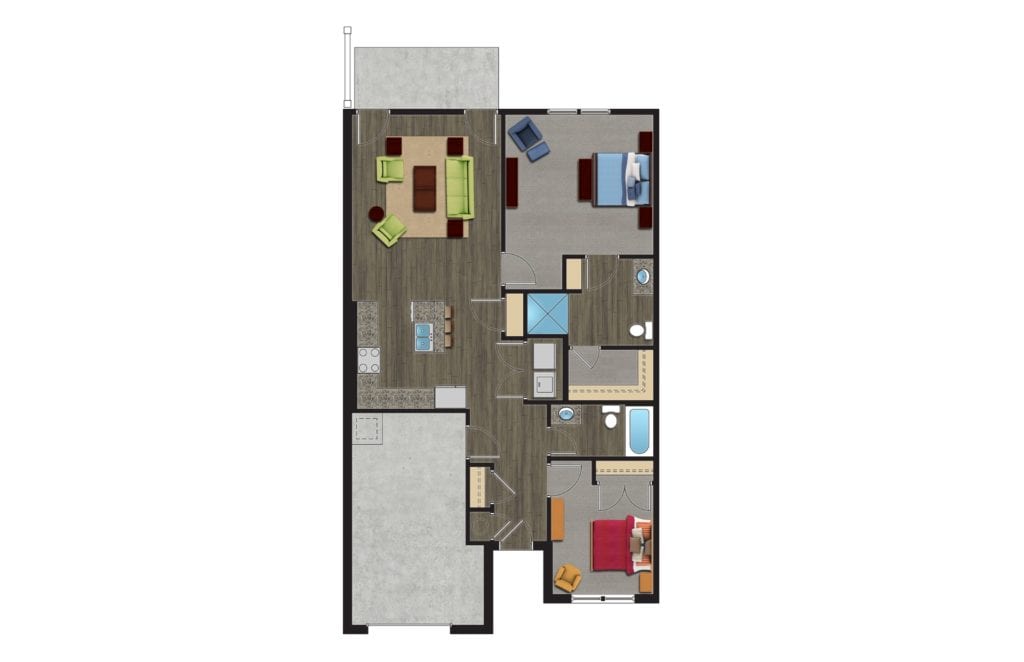 A Floor Plan of The Birch, a Luxury Townhomes with Garages for rent. The 1 Story, 2 Bedroom Townhomes in Orchard Park NY are pet friendly townhomes.
